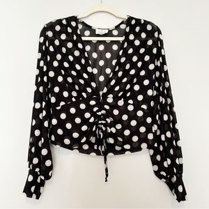 Ember Boutique Polka Dot Semi Sheer Long Sleeve Deep V Scrunch Up Top Size M